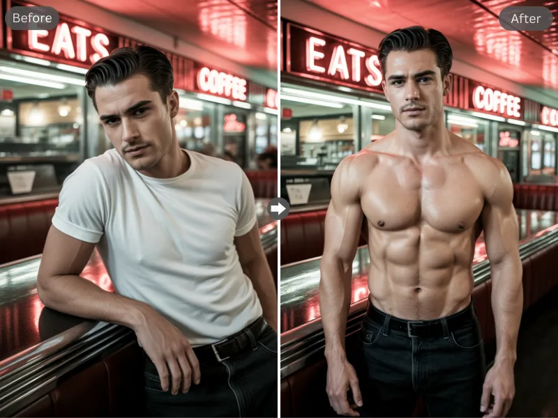 AI body editor transformation before and after - male muscle enhancement example